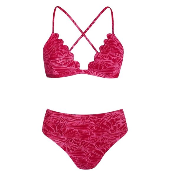 Cupshe XS Pink Floral Bikini Set Women’s 2-Piece Scalloped V-Neck High Waist - Picture 3 of 8